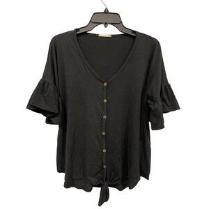 Reb In J Button Front Blouse Size Small Ruffled Sleeve Knot Front Black Feminine